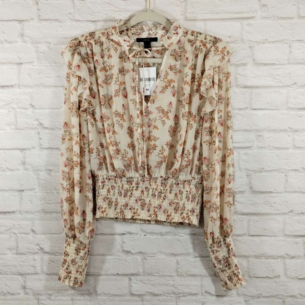 O Forever 21 Cream Wildflower Neck Tie Smocked Cropped Long Sleeve Top NWT M - Picture 7 of 13